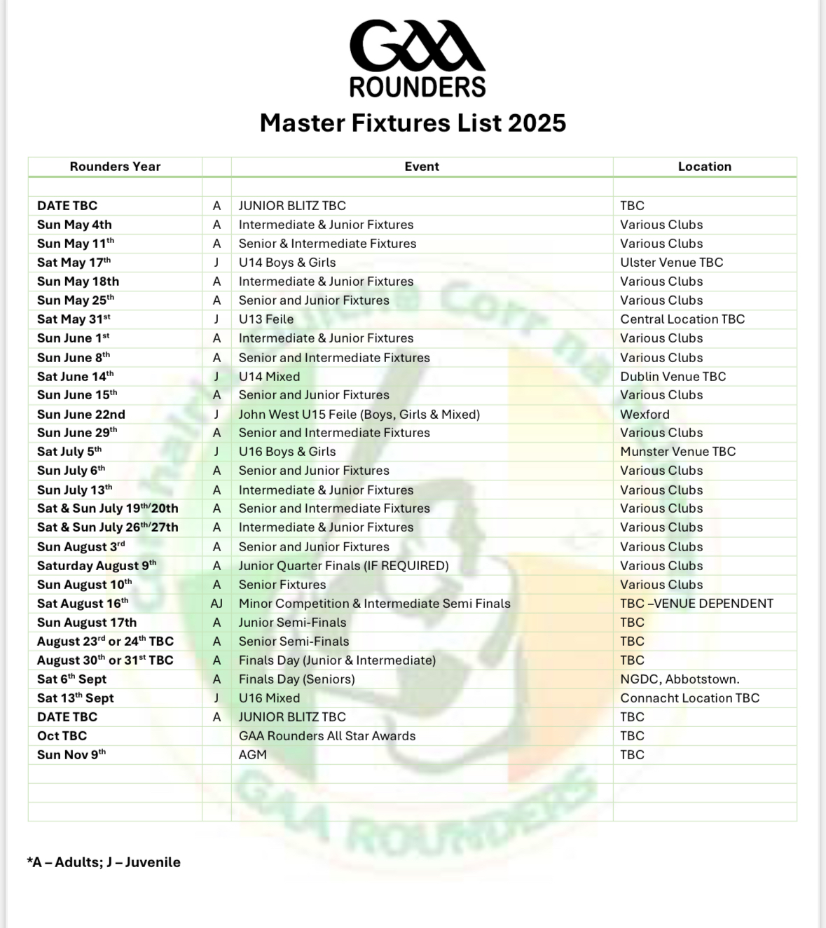 GAA Rounders Master Calendar Released, Senior Finals and Start Dates Announced